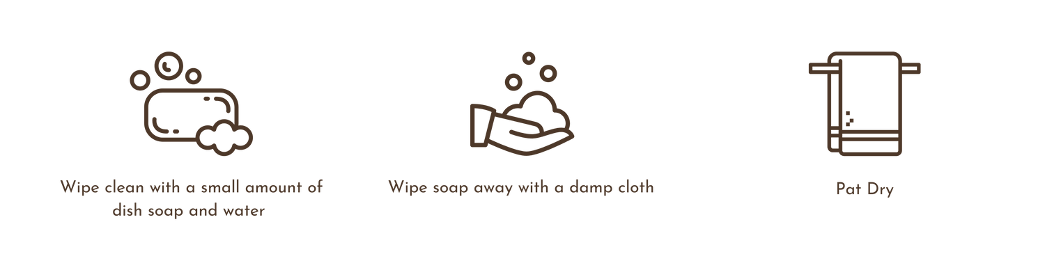 Care Instructions: Wipe with dish soap and water, wipe soap clean with water, pat dry