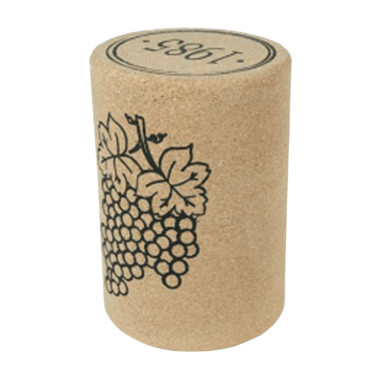 Cork stool with the printing of "1985" on top and a grapevine design on one side.