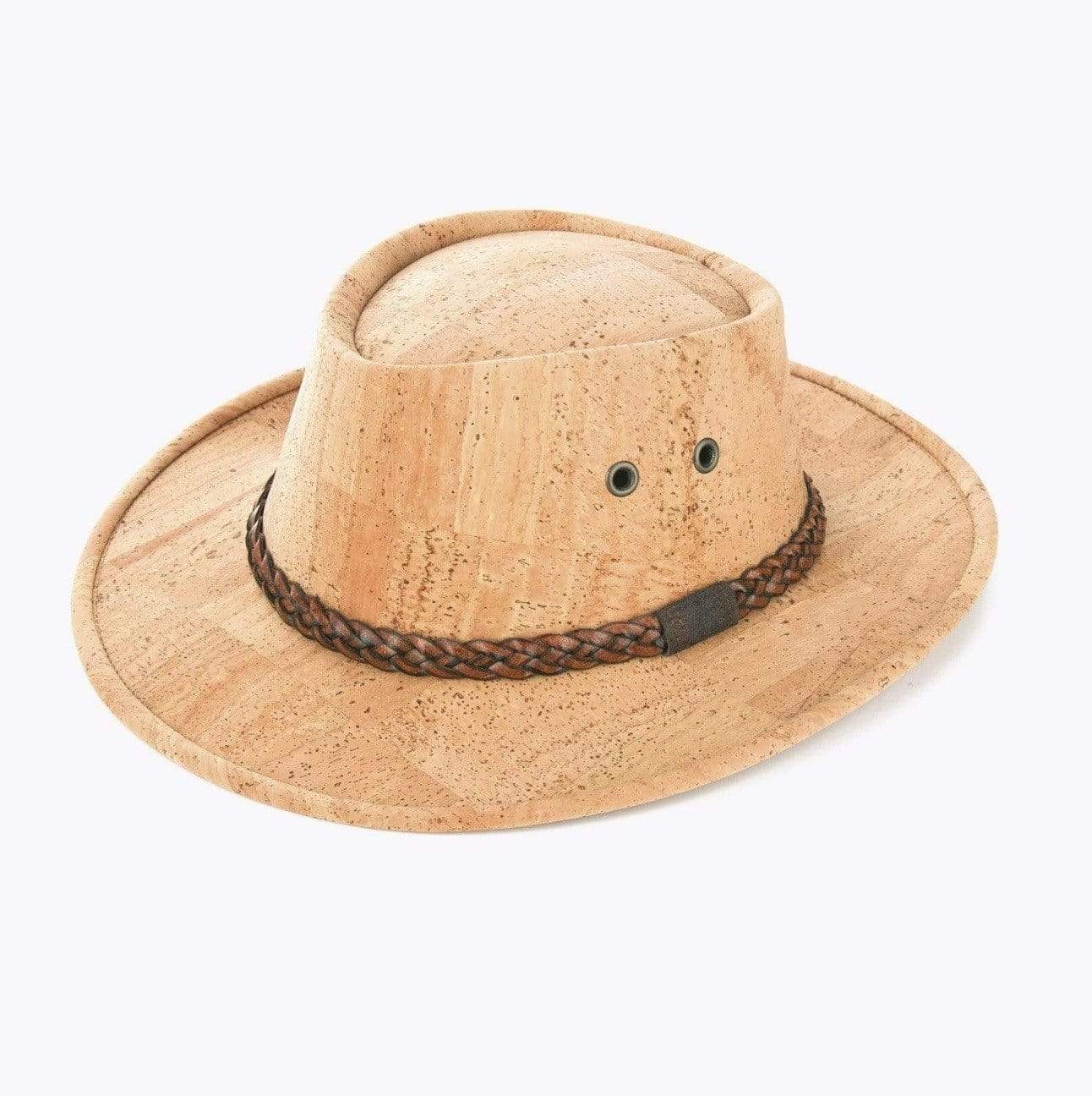 This tan cork outback style hat features 4 bronzed ventilation holes and a dark brown contrasting cording.