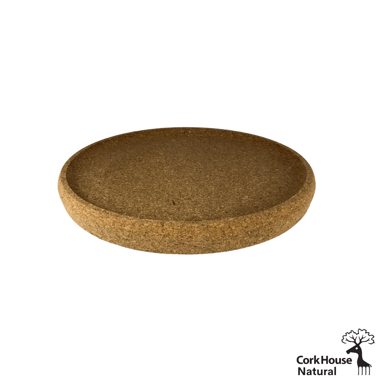 Side View shot the natural cork circular tray featuring a raised lip. 