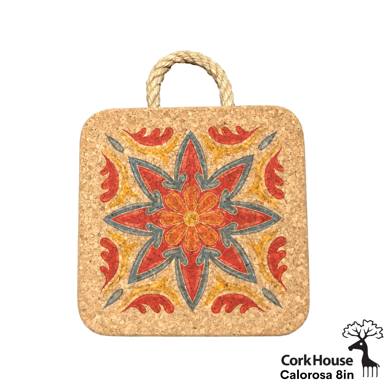The 8in calorosa hot pad has the same printed tile pattern as the 6in with a large band of unprinted cork around the edge.