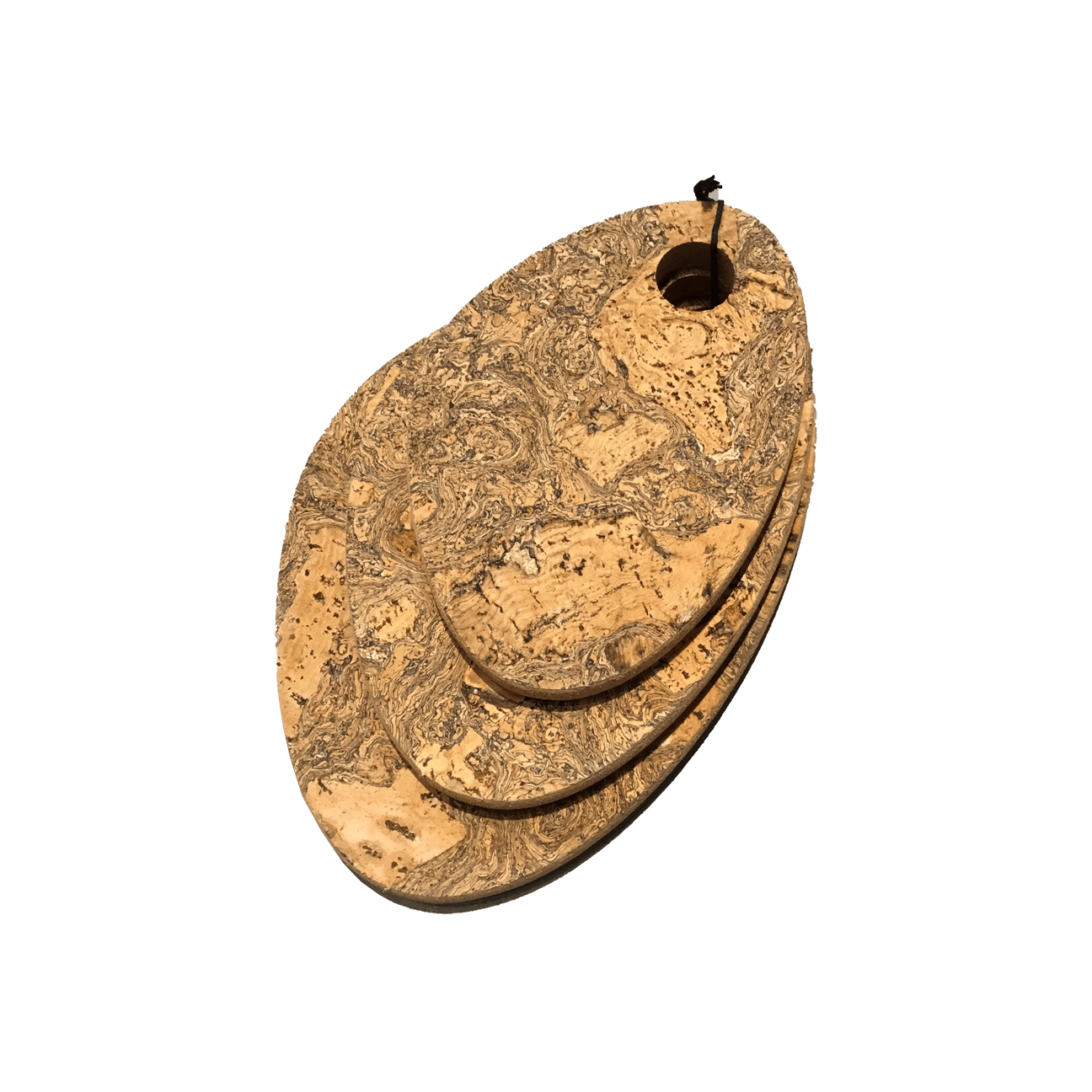 Three raindrop shaped hot pads with the swirling corkstone pattern