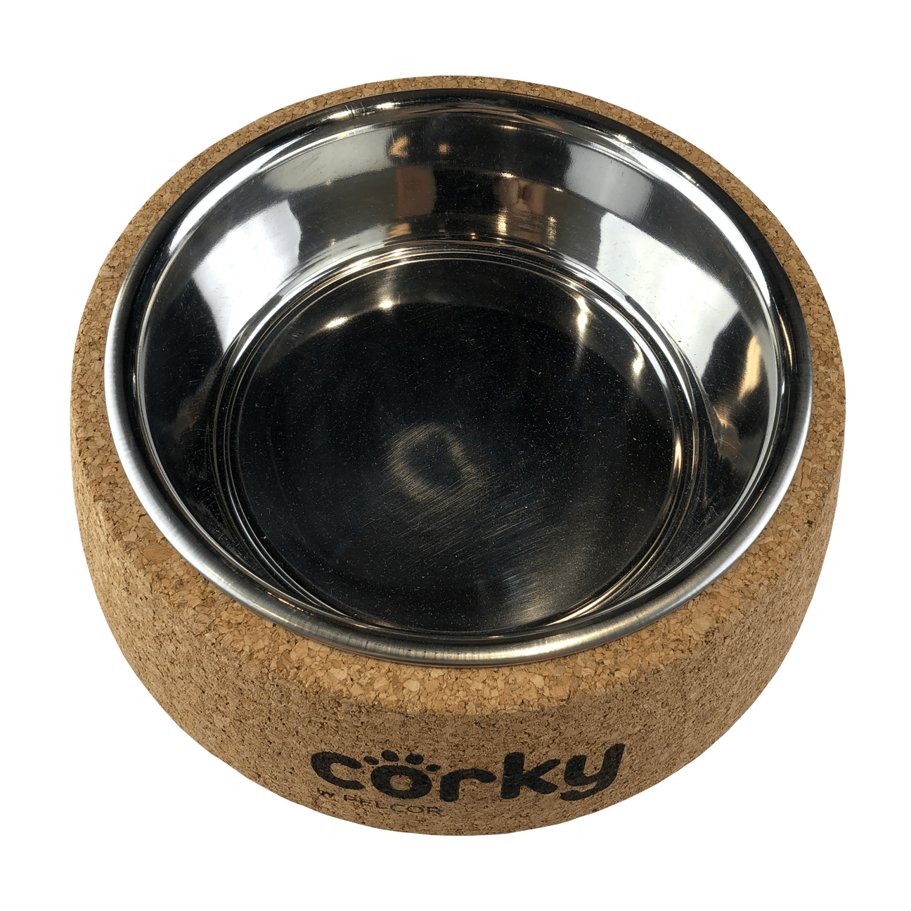 Top view of the stainless steel dog bowl sitting in a natural cork base with "corky"written in black on the side of the cork base. 