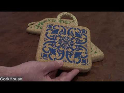 Video showing the natural cork trivets with rope handles in both blue and green tile print.
