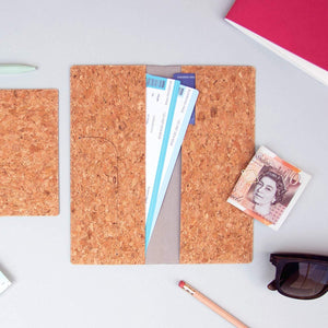  Overview of a large cork passport holder containing two train tickets and a ten-pound note. 