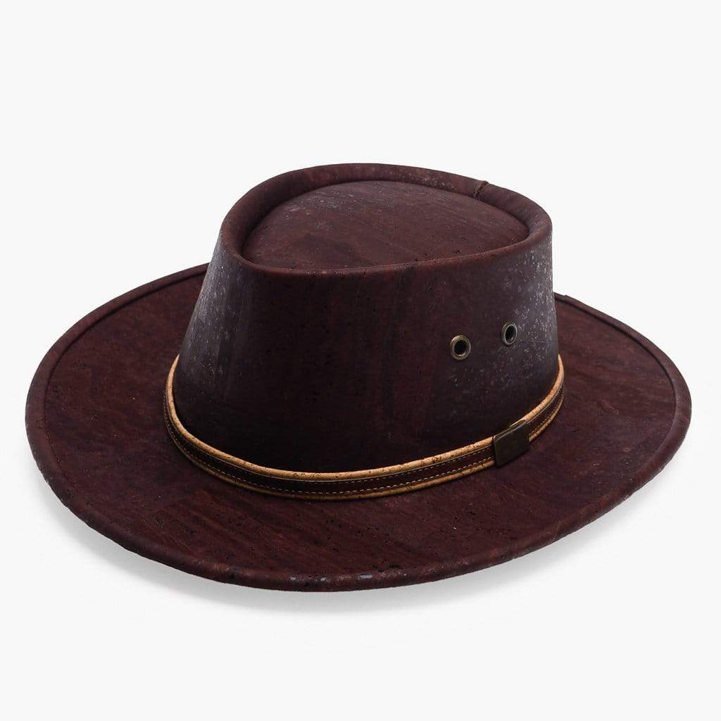 This dark brown cork outback style hat features 4 bronzed ventilation holes and a light brown contrasting cording.