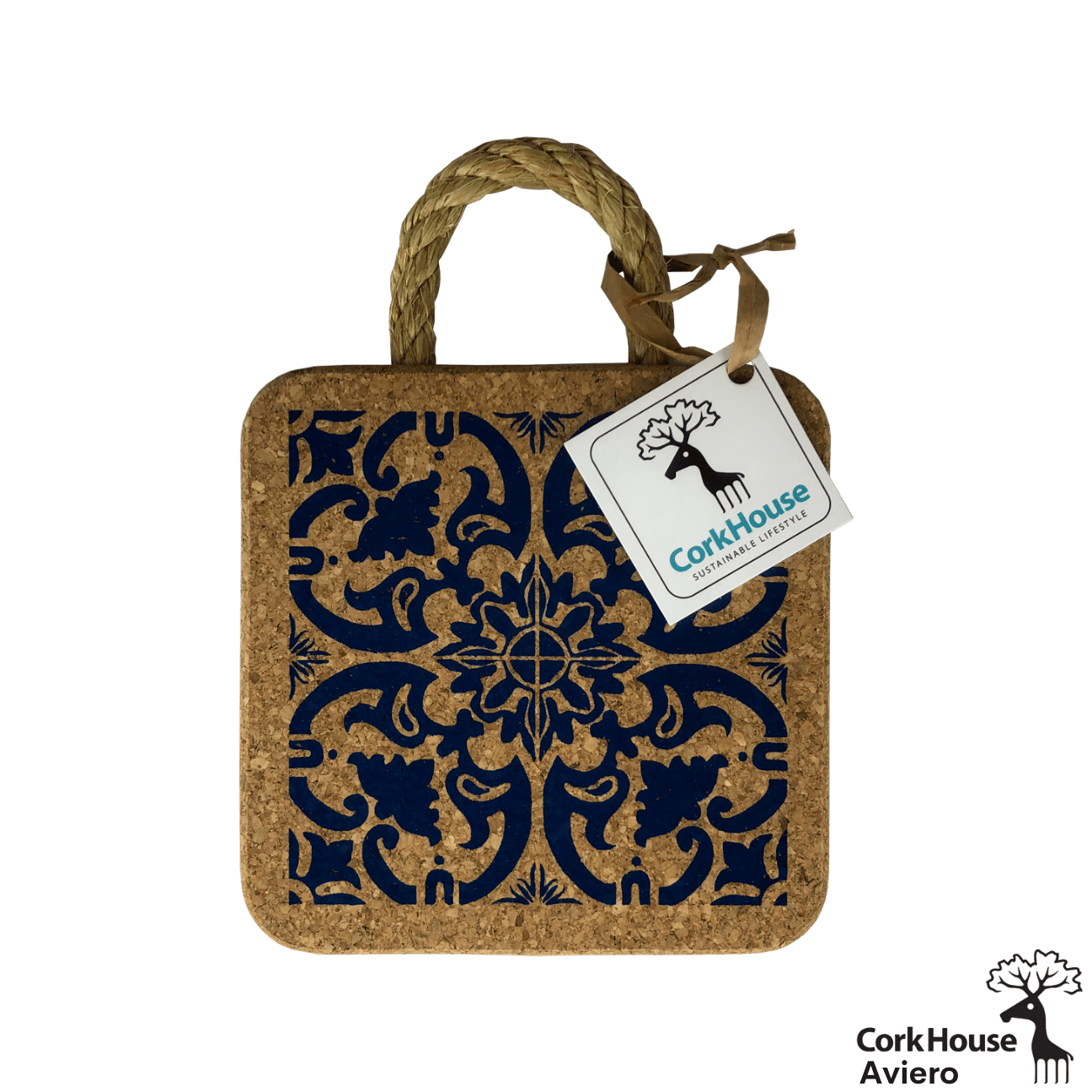 A front view of the cork hot pad features a rope handle for hanging and a cobalt blue traditional tile pattern with the CorkHouse tag.
