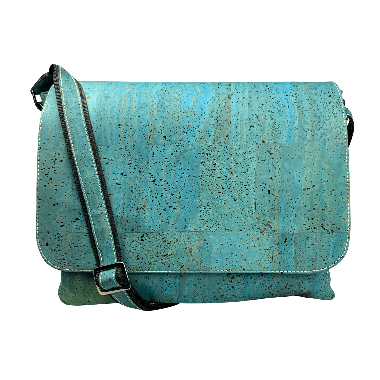Bright aqua cork laptop bag with fold-over flap and white topstitching.