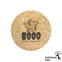 Cork coaster with a sheet ghost hovering over the word "booo" and happy halloween