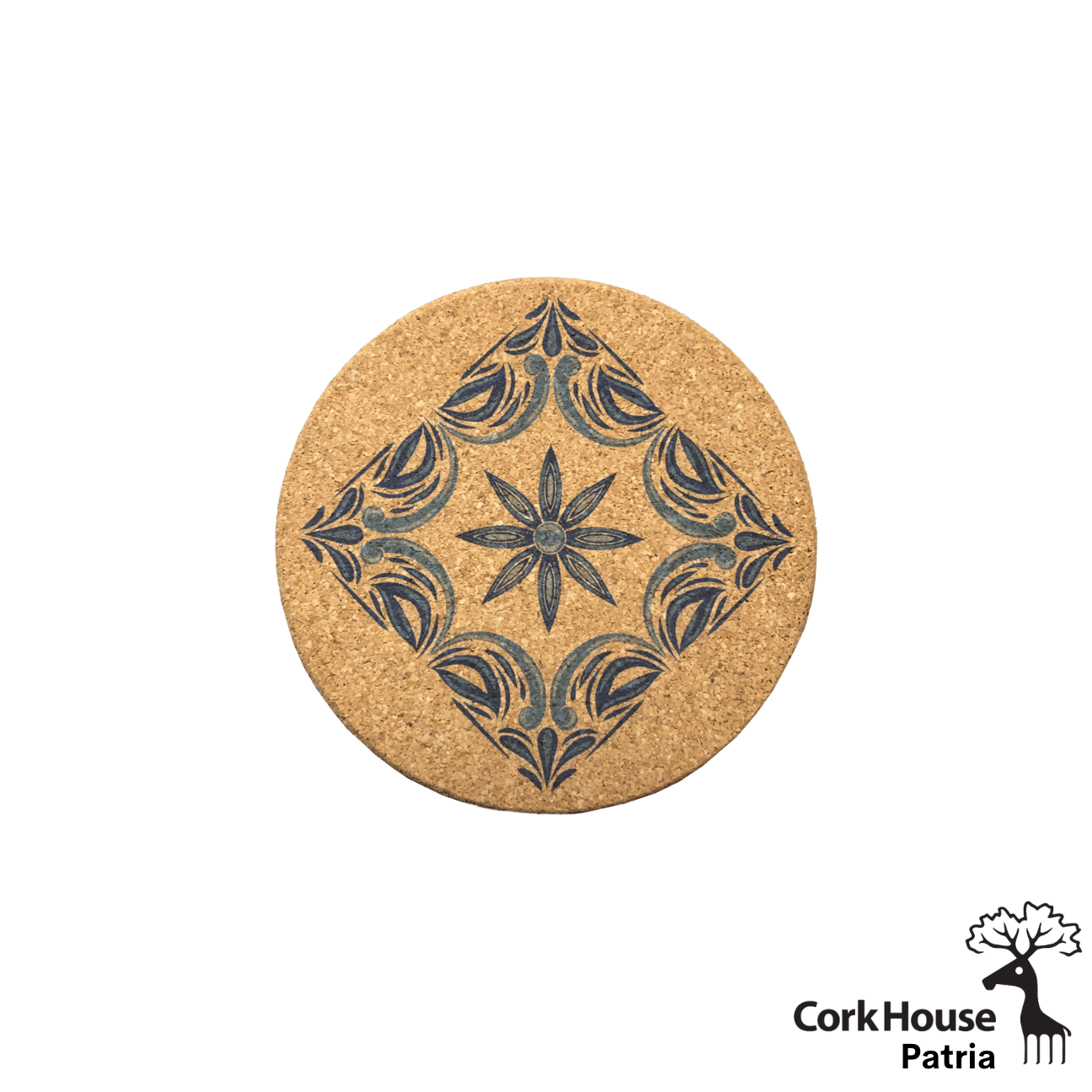 The patria coaster features a simple design in monochromatic blue with swirling lines surrounding an eight point flower on a round cork coaster