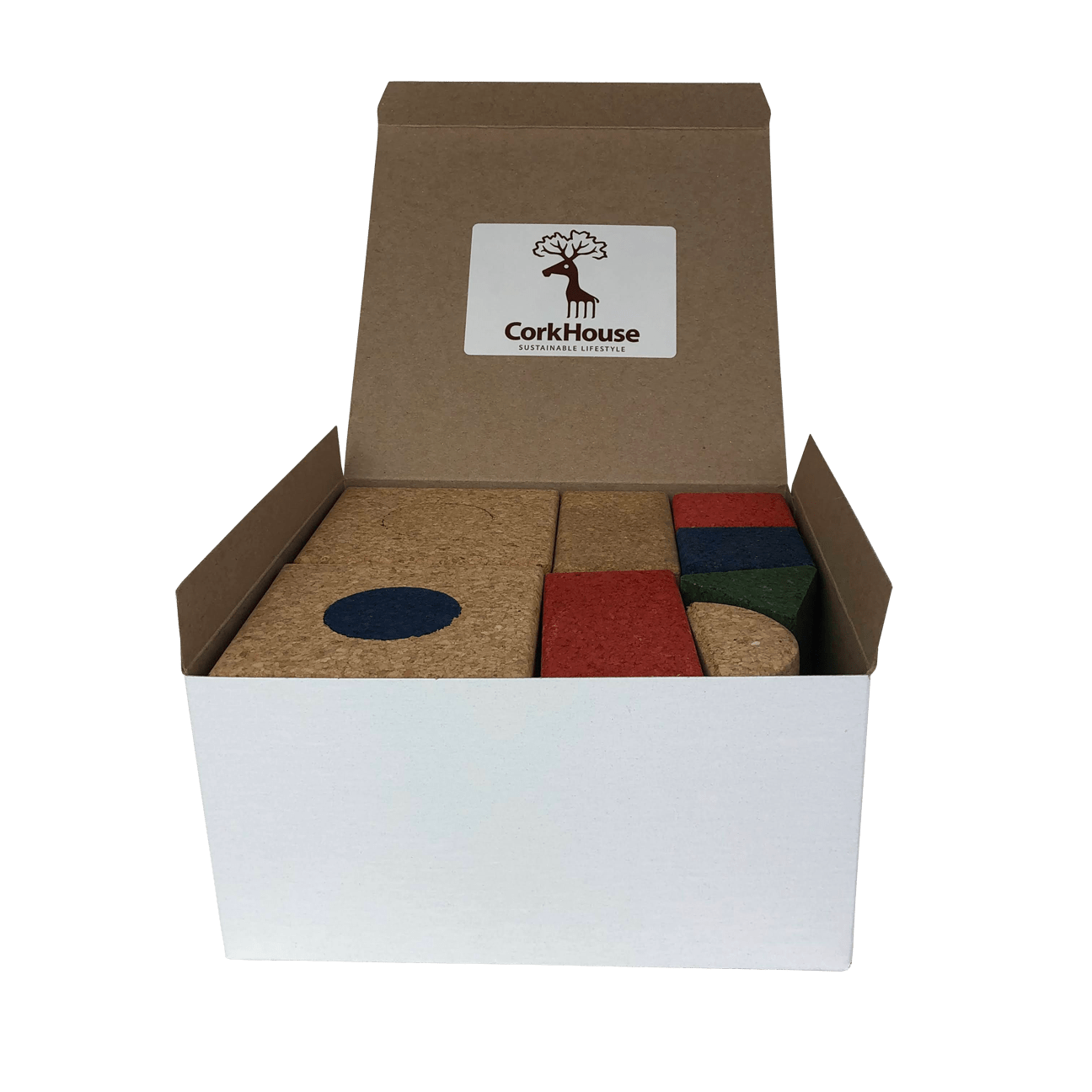 20 piece cork building block set in a white cardboard box with a fold over top.