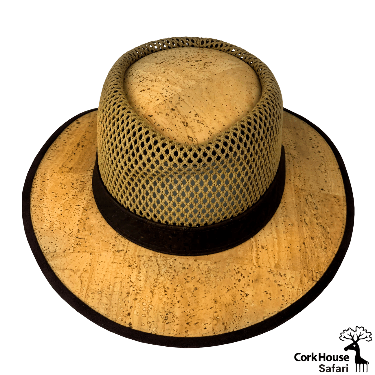 A view front of the cork safari hat highlighting the wicker crown and dark brown cork brim binding and rim.