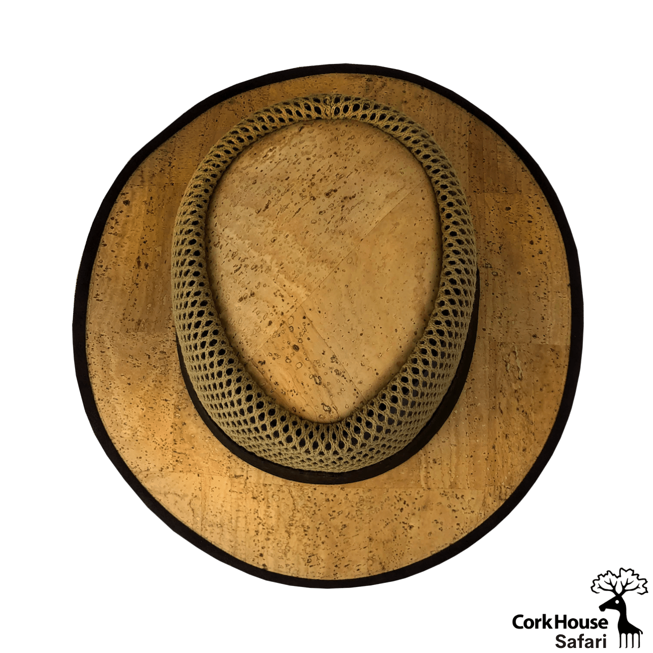 A top view of the cork safari hat highlighting the natural cork top and brim and dark brown rim.