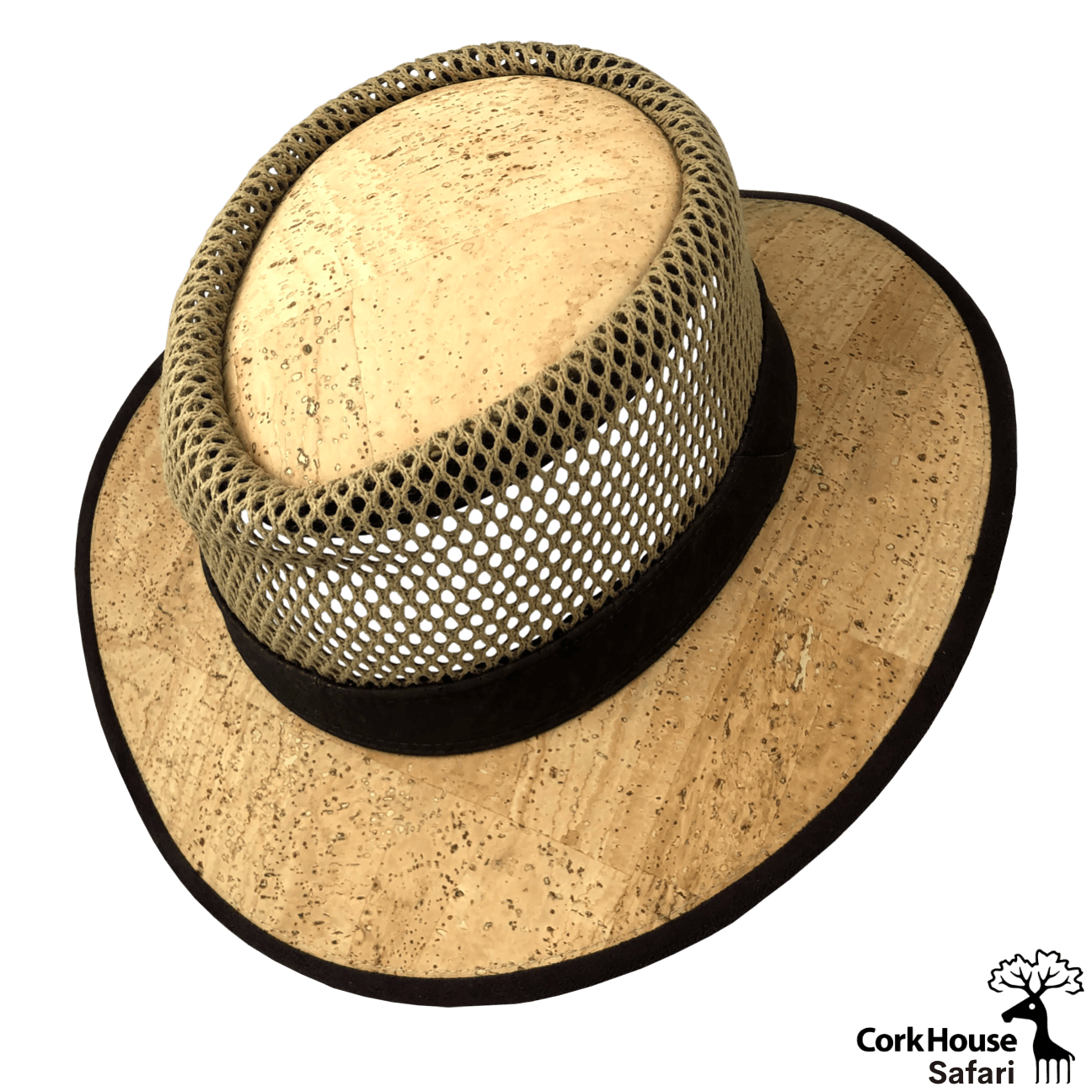A view slightly from the top of the cork safari hat highlighting the wicker crown and dark brown cork brim binding and rim.