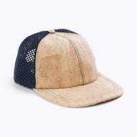 Cork Trucker Cap with a natural cork fabric brim and front with a navy blue mesh black.