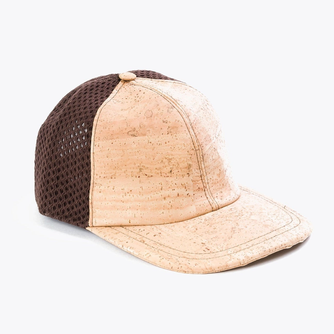 Cork Trucker Cap with a natural cork fabric brim and front with a chocolate brown blue mesh black