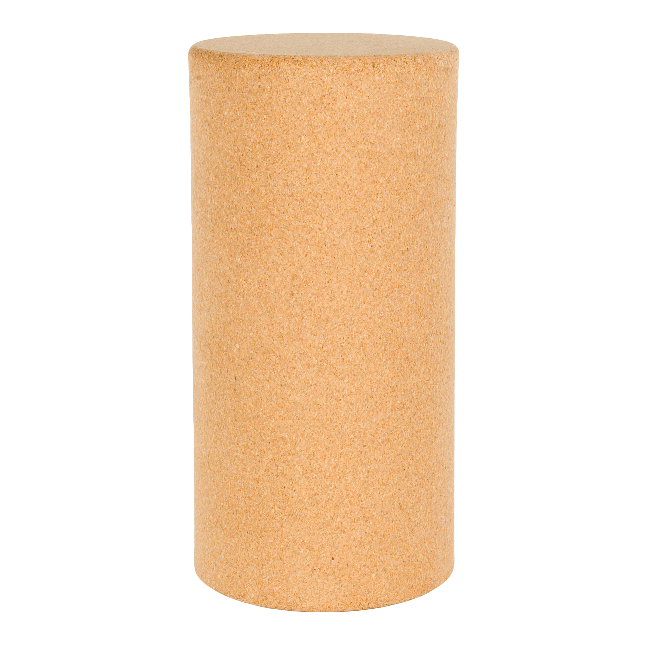 Front view of a cork yoga cylinder standing up on its flat edge.