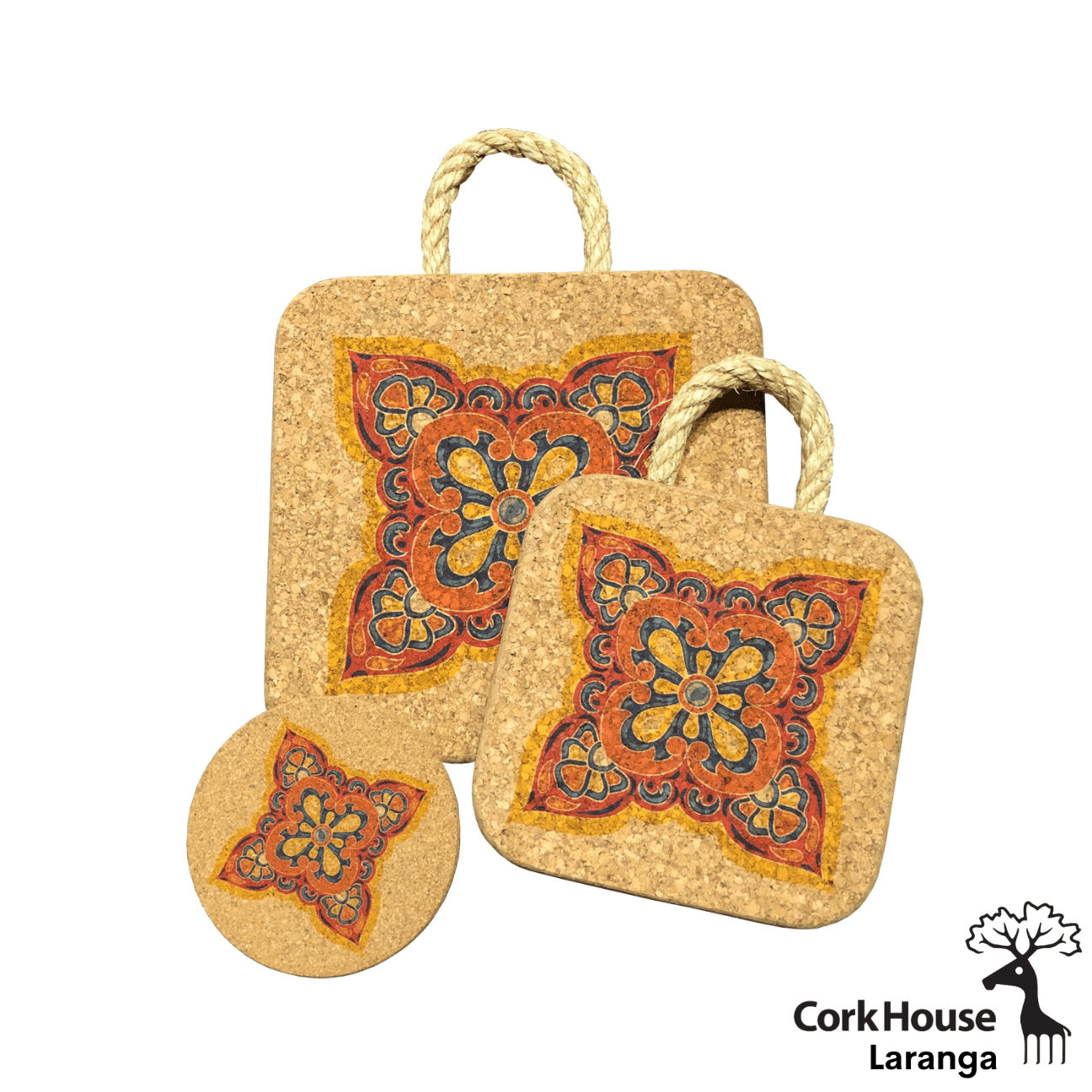 The 8in hot pad, 6in hot pad and coaster from the laranga collection feature rich warm colors in an intricate geometric pattern.