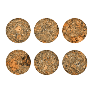 Six corkstone coasters with rich swirling patterns of a golden tan, green and grey.