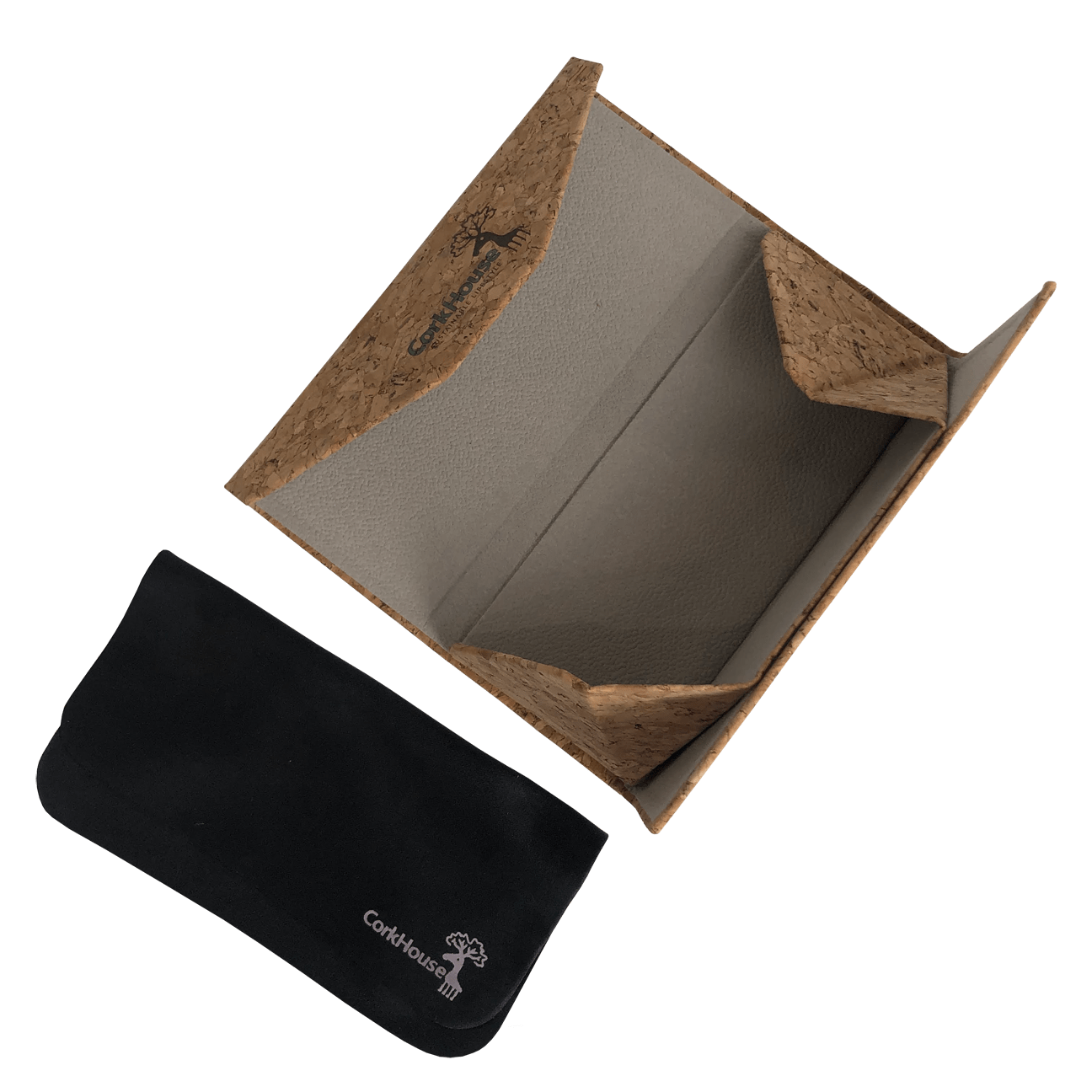 An overhead shot of the corkhouse fold flat sunglass case opened up with the microfiber glasses cloth next to the case. 