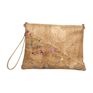 A front view of a natural tan cork purse featuring a half triangle design. The top triangle is a natural cork, and the bottom triangle has bright multi-colored accents with a natural cork patched pattern. 