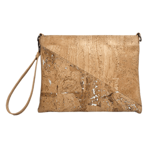 A front view of a natural tan cork purse featuring a half triangle design. The top triangle is natural cork, and the bottom triangle has stunning silver accents with darker cork swirling around the lighter tan color. 