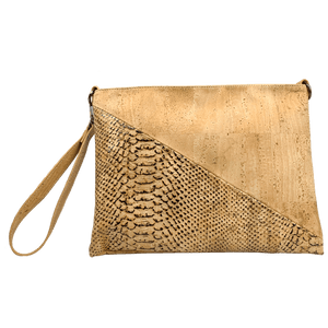 A front view of a natural cork purse featuring a half triangle design. The top triangle is a natural cork, and the bottom triangle has a natural cork base with a snakeskin pattern overlaid on the cork. The bottom triangle is treated with an additional protective coating making the pattern a bit shiny. 