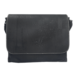 Black laptop bag with fold over flap and white top stitching.