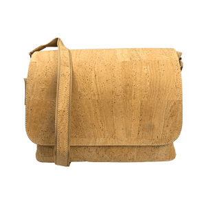 Natural cork laptop bag with fold-over flap and tan topstitching.