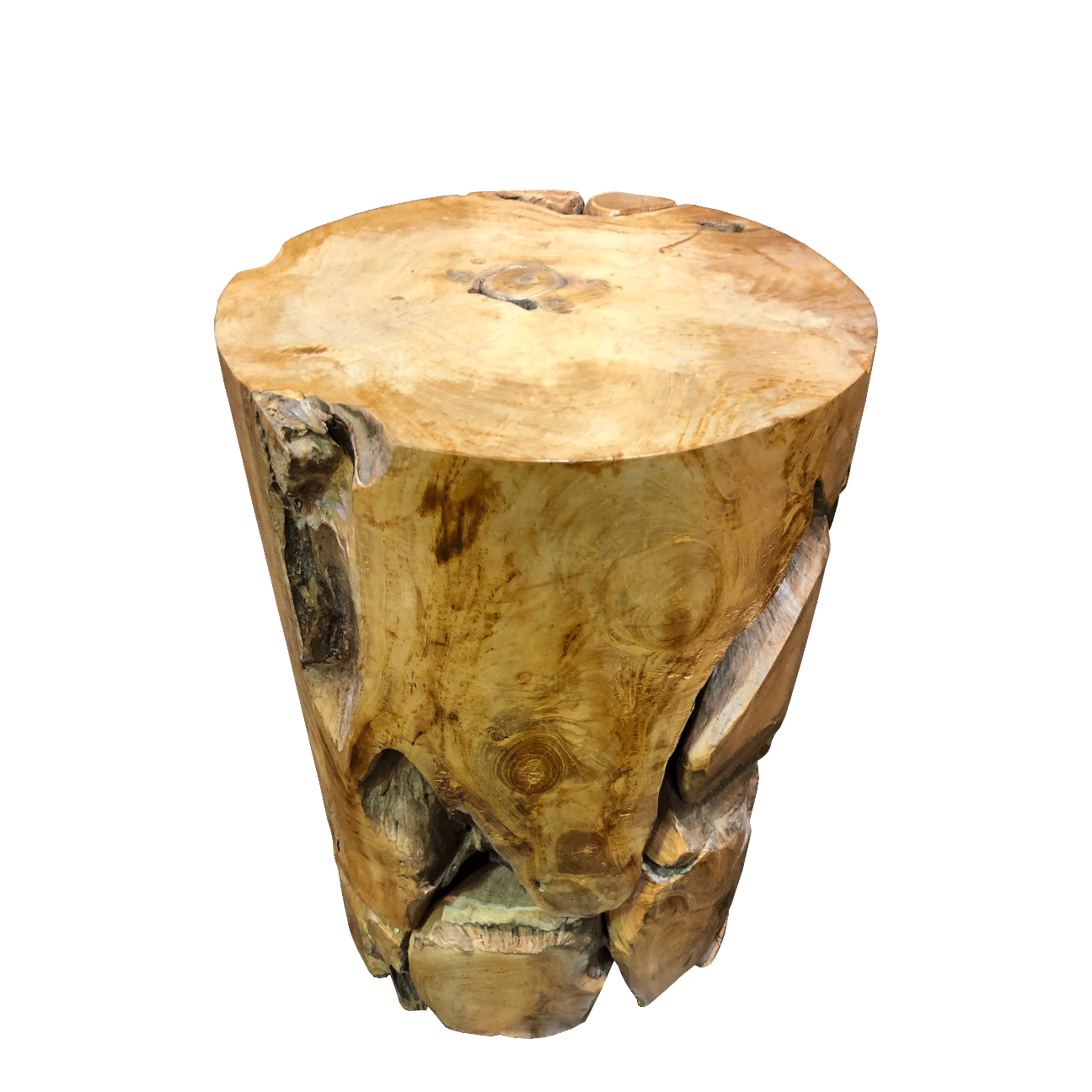  The top of the teak pedestal side table is a smooth piece of teak wood to maximize usable space without taking away from the deep grooves and notches of the natural teak wood. 