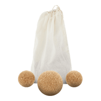 Set of 3 natural cork massage balls in a cotton carrying bag. Set contains 1 large massage ball (3-inch) and 2 small massage balls (2-inch).