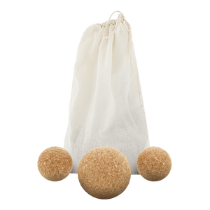 Set of 3 natural cork massage balls in a cotton carrying bag. Set contains 1 large massage ball (3-inch) and 2 small massage balls (2-inch).