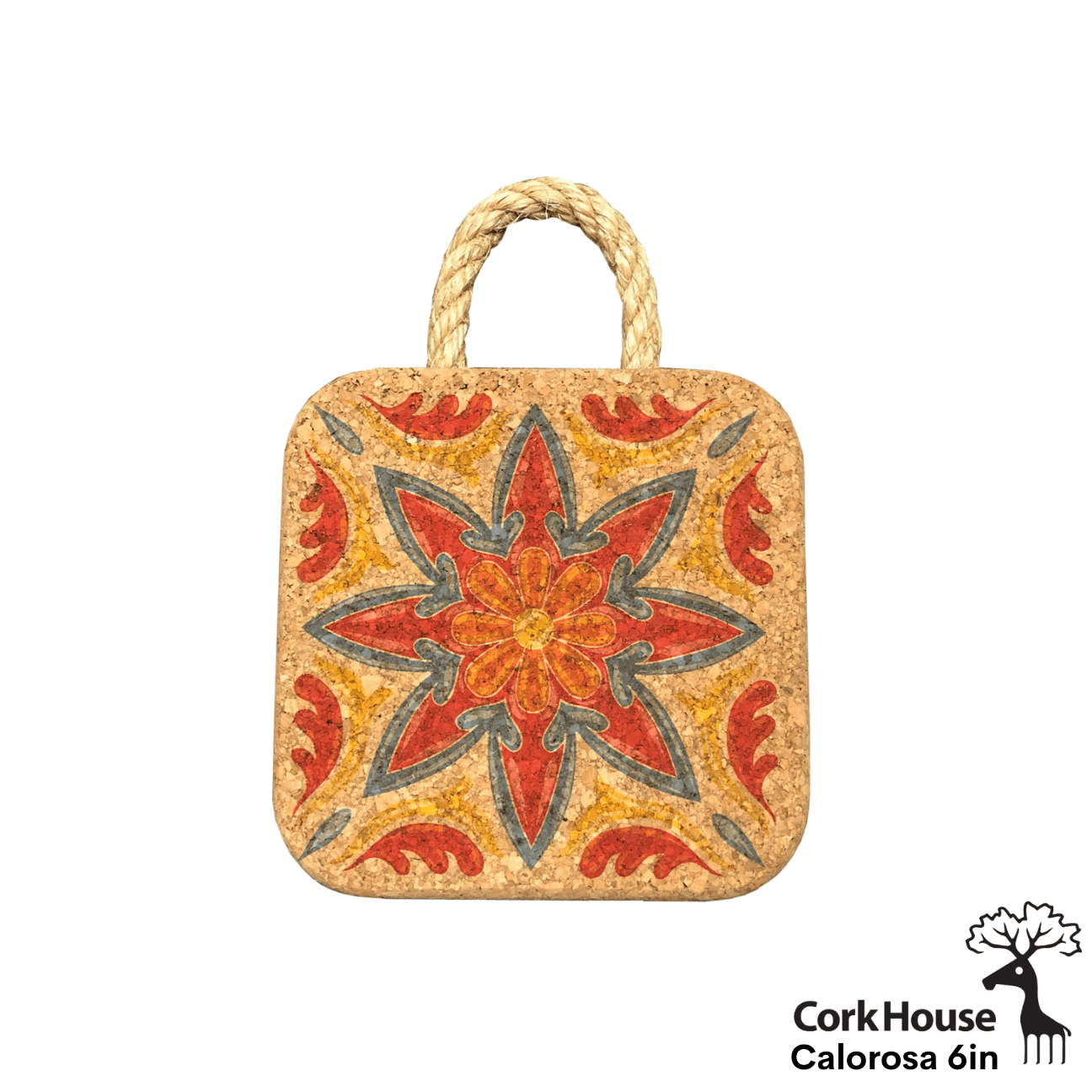 The calorosa 6in hot pad features a tile pattern with an 8 point red and orange flower outlined in a green/blue color with matching leaves around the edge of the hop had.