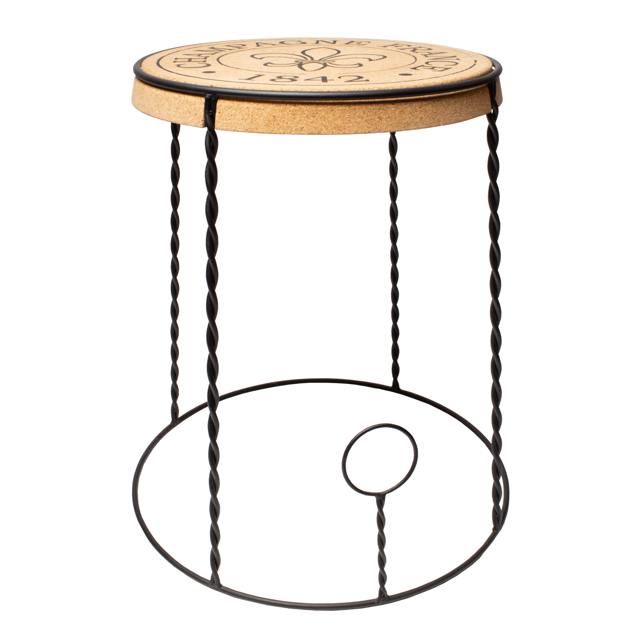 Side view of a metal and cork table showing the twisted messal legs of the table's base to look like a champagne cage.