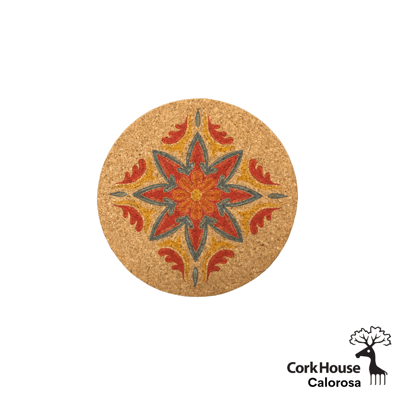 The calorosa coaster features an 8 point red and orange flower with green outlines in the middle of the coasters and red leaves around the flower to create a diamond. 