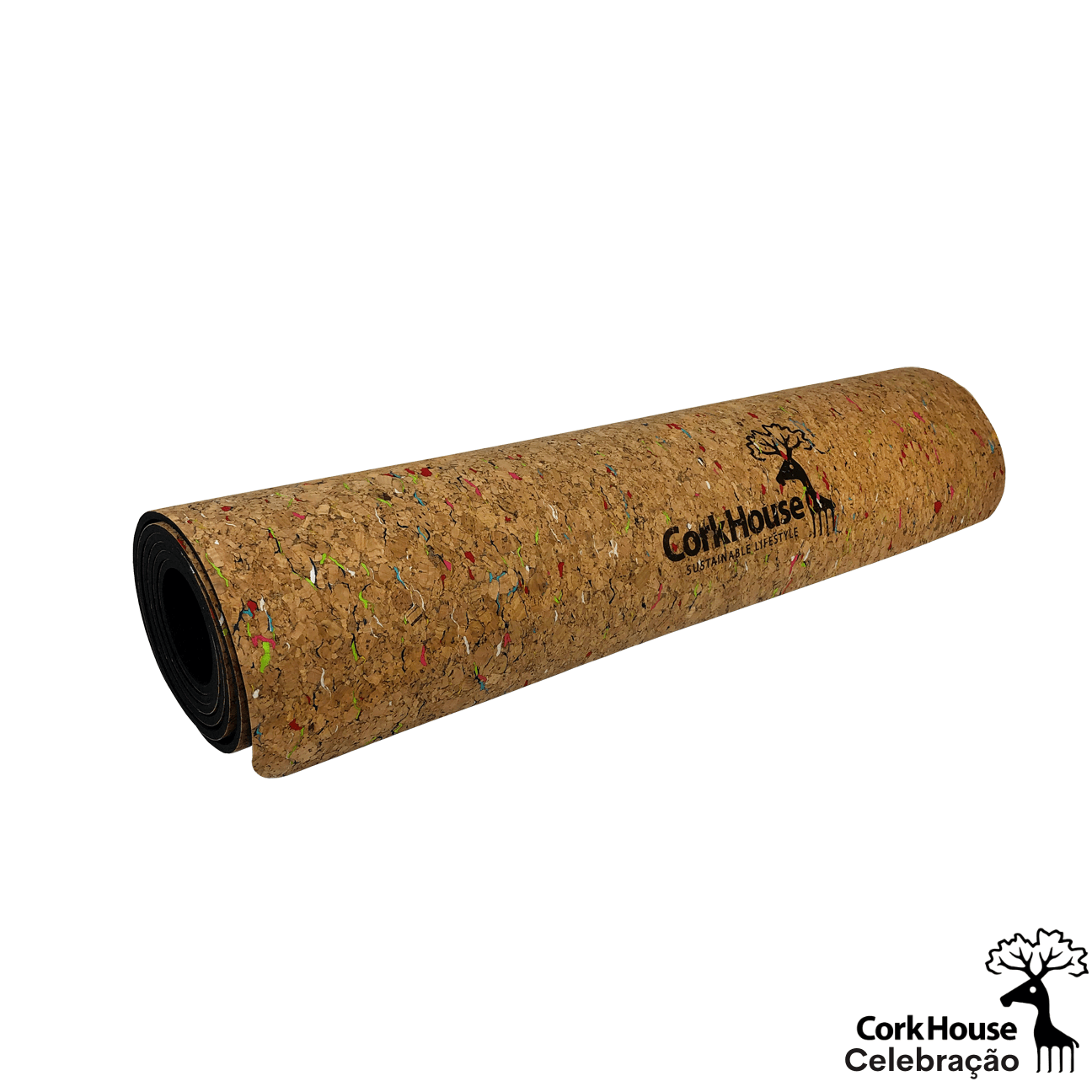 A rolled cork and natural rubber yoga mat featuring the corkhouse logo and confetti pattern on the cork top.