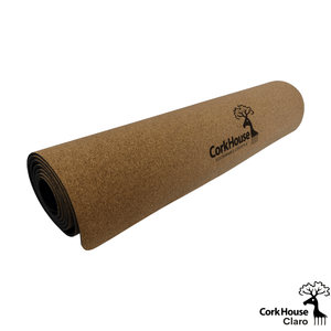 A rolled cork and natural rubber yoga mat featuring the corkhouse logo on the cork top. 