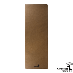 A cork yoga mat with a natural cork top and a corkhouse logo at the bottom of the mat. 