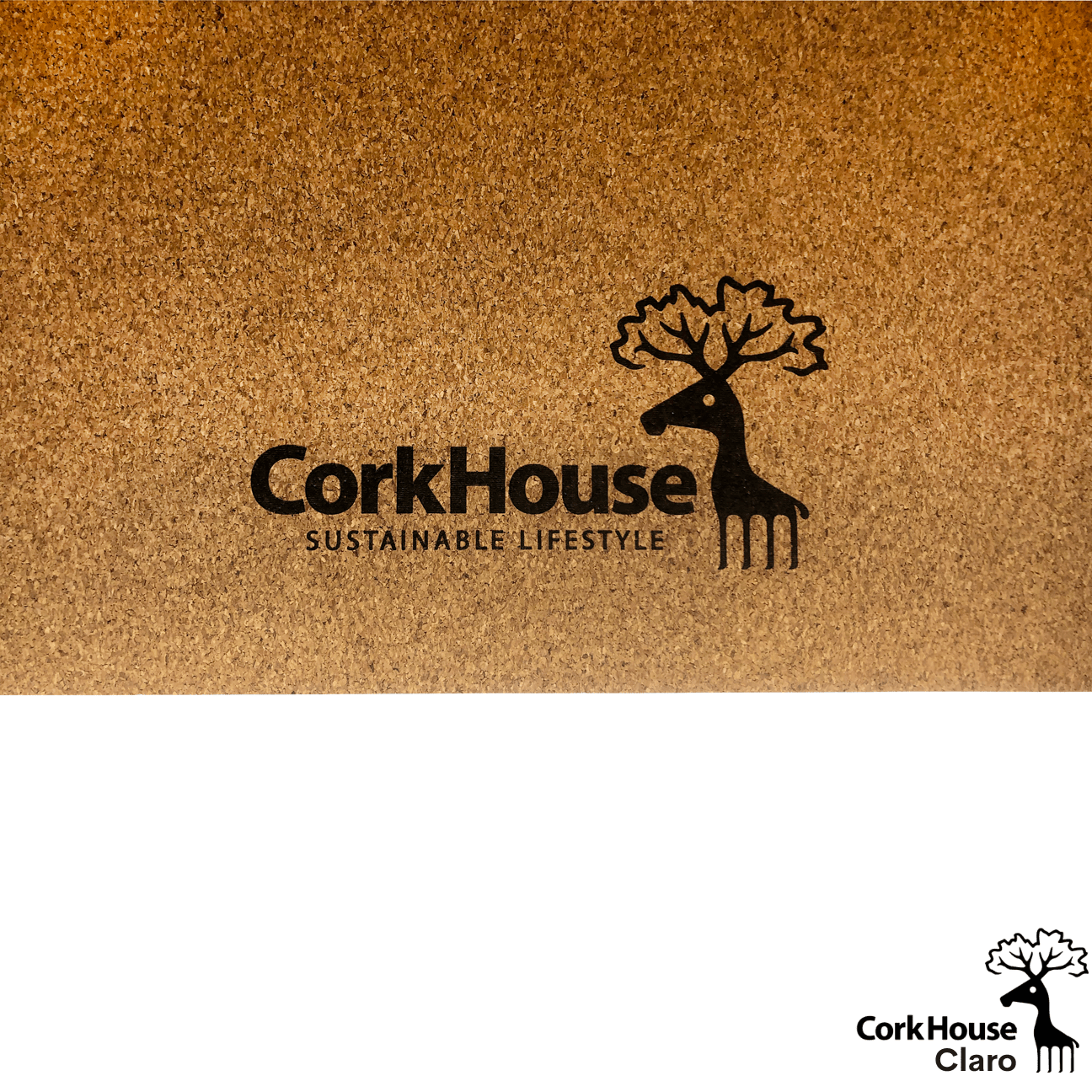 A close up view of the corkhouse logo on the bottom of a natural cork yoga mat. 