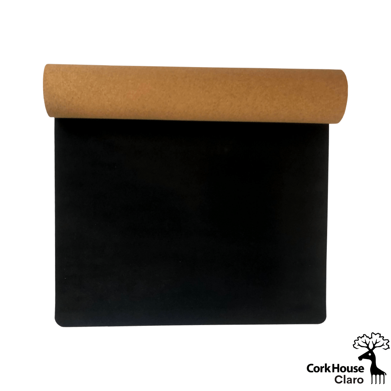 A cork yoga mat partially rolled showing the black underside made of natural rubber for optimal grip.