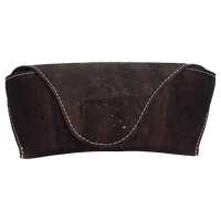 Chocolate brown cork fabric glasses case with white top stitching. 